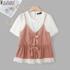 ZANZEA Women Summer Casual Round Neck Short Sleeve Patchwork T-Shirts