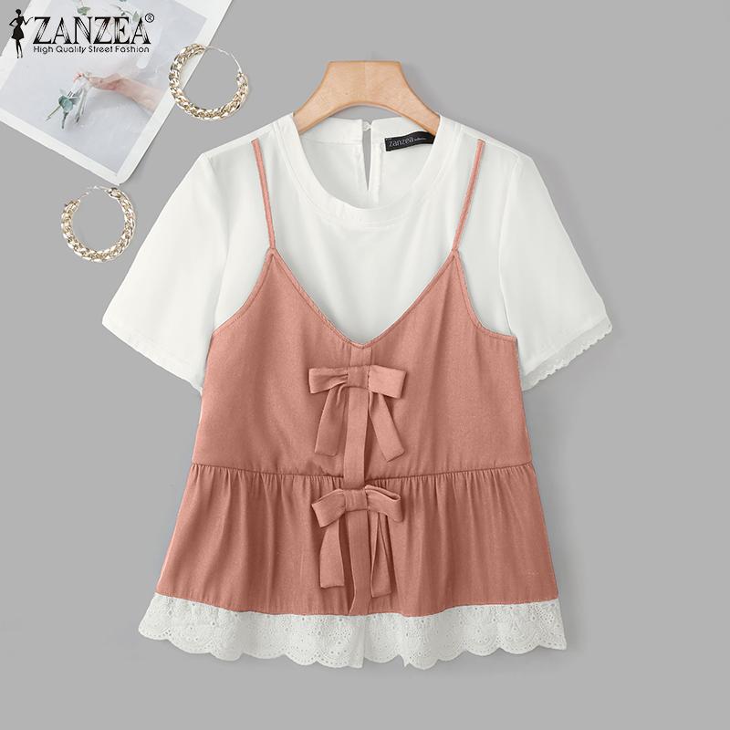 ZANZEA Women Summer Casual Round Neck Short Sleeve Patchwork T-Shirts