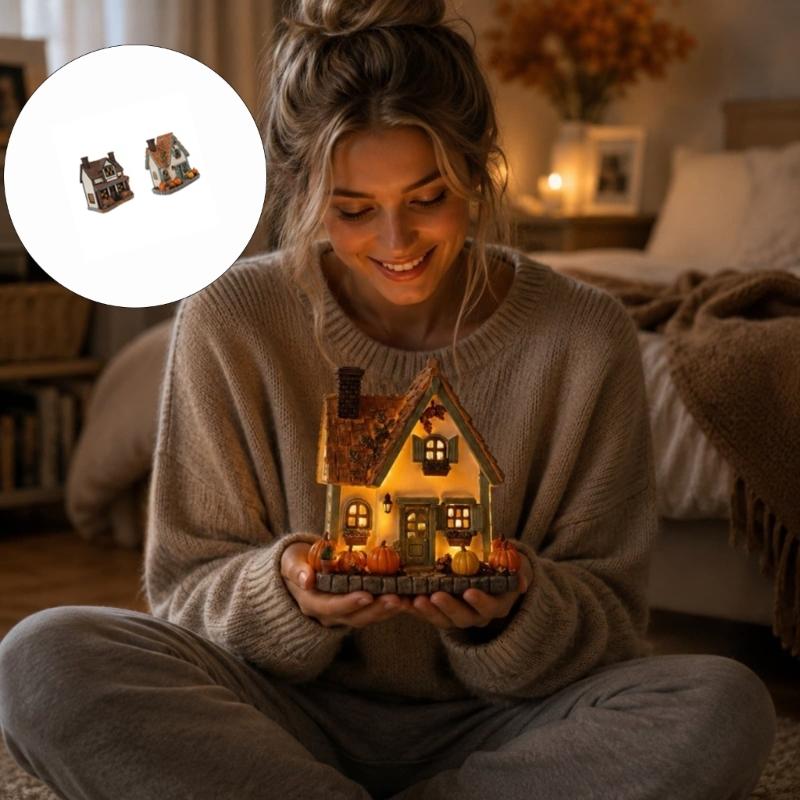 Lighted Pumpkin House Figurine Resin Cottage Statue Warm LED Lighted Decoration for Fall Table Centerpieces, Shelf Decors and Seasonal Home Display