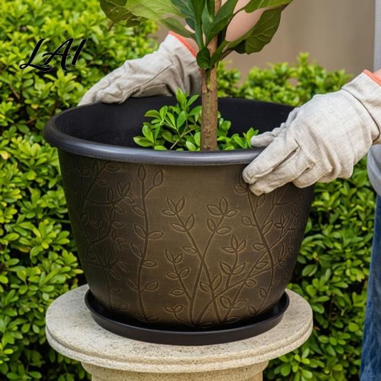 Planter Pots for Home Decor 12 Inch Thickened Flower Outdoor Indoor Plastic Leaf-Pattern Texture Deep Containers Flowers with Drainage Hole & Saucer,