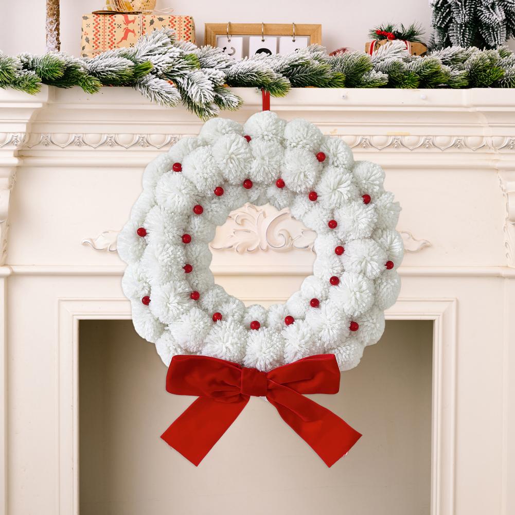 Festive Holiday Wreath Holiday Wreath White Fuzzy Pom Pom Ball Christmas Wreath with Bow Berries Festive Holiday Decor for Home