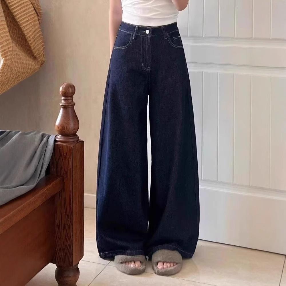 Women's Plus Size Dark Blue Retro Wide-Leg High-Waisted Jeans - Autumn/Winter Straight-Leg Floor-Length with Plush Lining