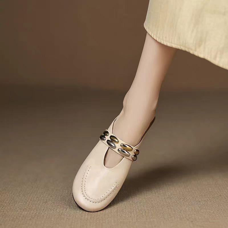 Fashion Slippers Women's 2025 New Round Head Half-drag Sandals Womens Retro Metal One-word Strap Low-heeled Bag Head Shoes Women
