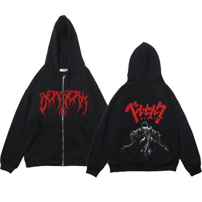 Sweat à capuche surdimensionné avec fermeture éclair, dessin animé Berserk Guts, Streetwear, crâne chevalier, polaire, Harajuku, manteaux décontractés, vêtements surdimensionnés Y2K