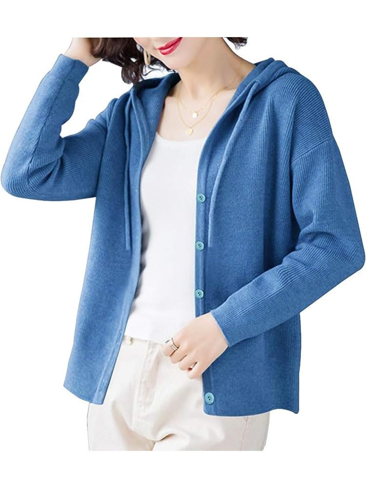 Moilyuko Hooded Long Top for and Mo72 Free Women's Cardigan, Sleeve, Figure-Flattering Spring, Autumn, Winter, (JP, Alphabet, Size, Blue)