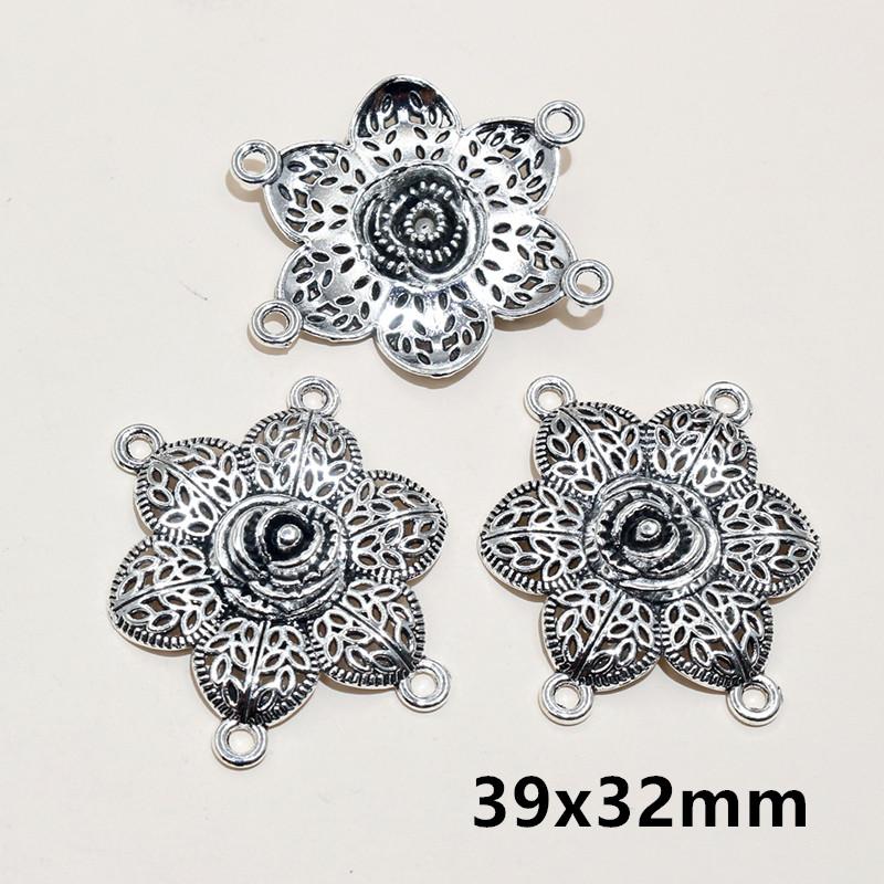 10pcs Antique Silver Plated Bohemian Vintage Flower Connector Charm Pendant DIY Necklace Bracelet Jewelry Making Accessories