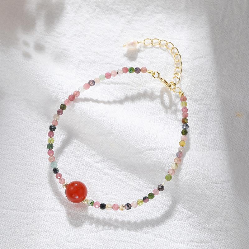 Natural Tourmaline Lucky Peach Blossom Bracelet Rainbow Sugar Mori Tourmaline Lucky Pearl Jewelry Bracelet 14K Gold