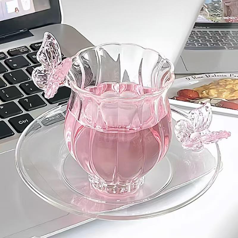 Enkellaags Transparant Glas Theeset Koffiekop met Onderzetter Chinees Eenvoudig Gestreept Narcissus Lady Roze Geschenkdoos 51-100ML