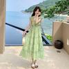 Women Green Floral Maxi Dress, Ruffle Sleeve Tiered Vacation Dress