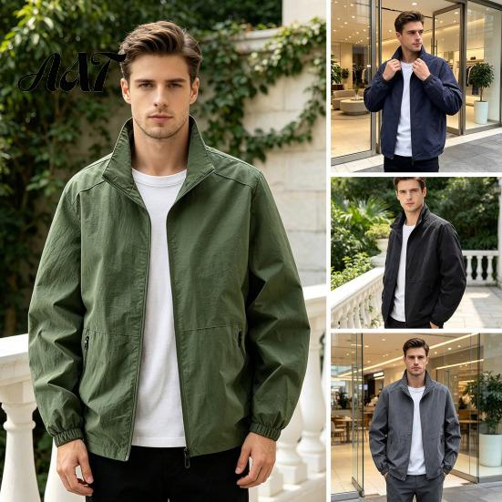 Windproof Athletic Sport Coats Men Windbreaker Jacket, Waterproof Stand Collar Coat, Casual Zip-up Lightweight Transitional Outerwear Jacket