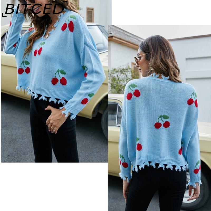 BITCED Women's Oversized Cropped V-Neck Sweater Women's Knit Sweater with Fringe for Fall/Winter