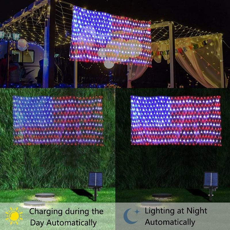 Solar-Girlande mit Flaggen, wasserdichte LED-Solar-Netzleuchten für Hof, Garten, Terrasse, Weihnachtsfest, patriotische Außendekoration