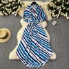Women's Summer Waisted Tied Single Breasted Striped Shirt Long Dresses