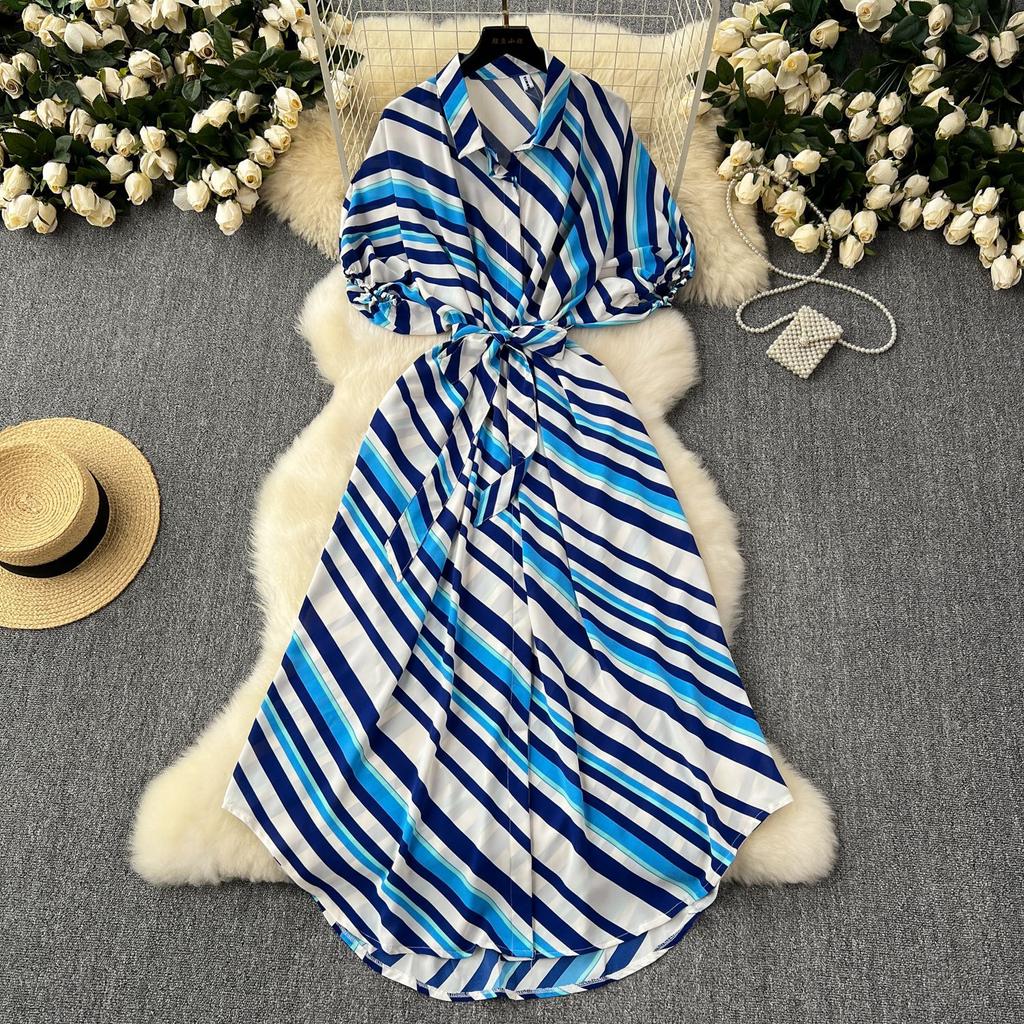 Women's Summer Waisted Tied Single Breasted Striped Shirt Long Dresses