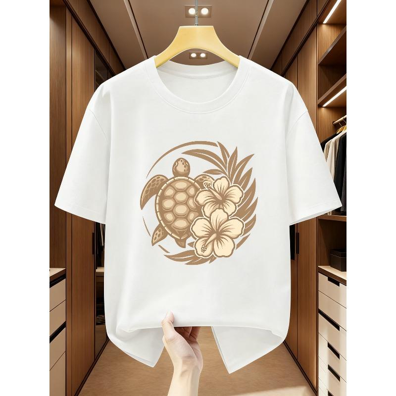 European sizes Men's T-Shirt with Sea Turtle and Hibiscus Flower Pattern, Crew Neck Short Sleeve, Comfortable Casual Short-Sleeved T-Shirt