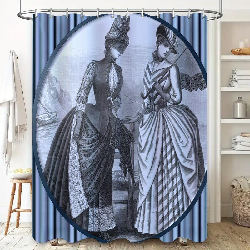 Luxury Vintage Print Shower Curtain Waterproof Bath Decorative Home Decoration Victorian Style Girl Dress Blue White Stripe Patt