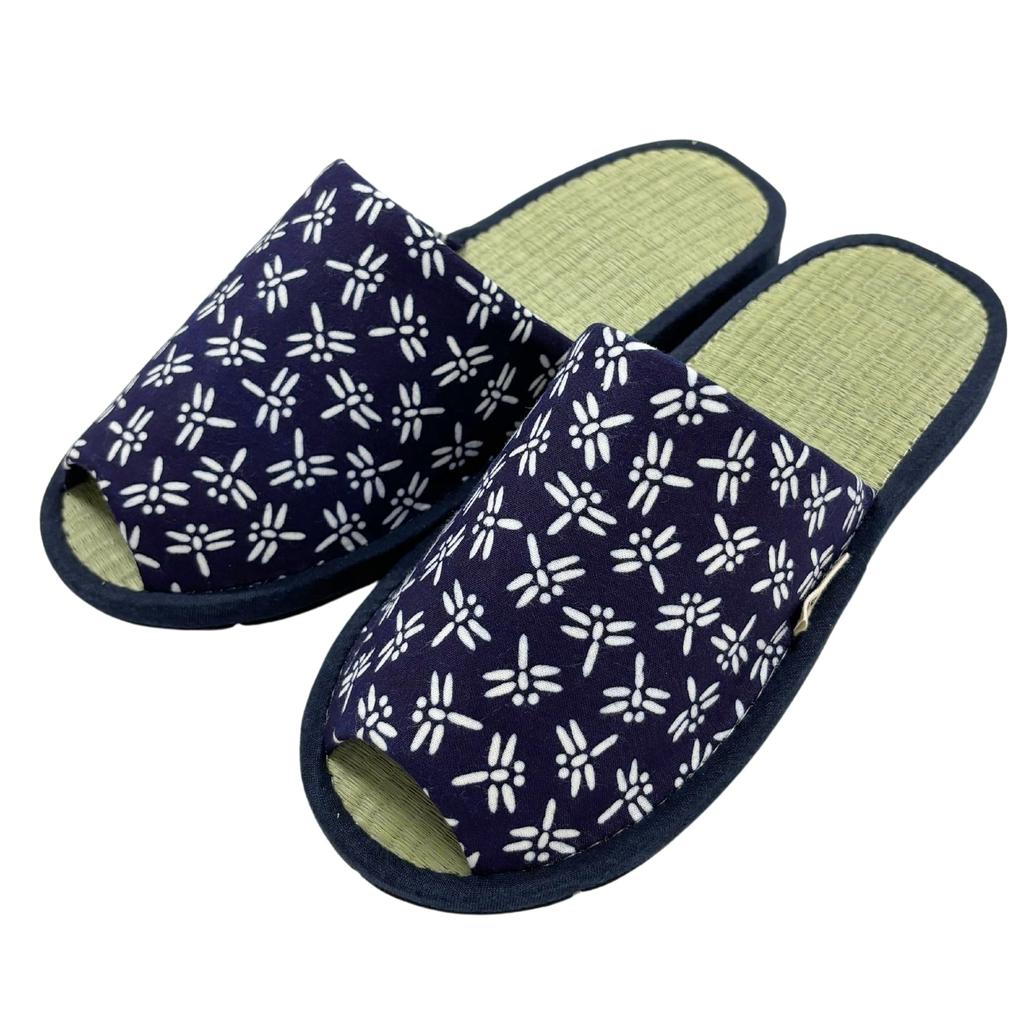 Edoten Indoor Made in Made with Igusa Rush Fabric and Tenugui Dyed Front Outer Navy Blue and Navy Blue Dragonfly Pattern Felt Size L Slippers, Japan,