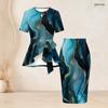 Women Plus Size Two Piece Skirt Set Round Neck Short Sleeve Floral Printed Tie Waist Top Fitted Skirt