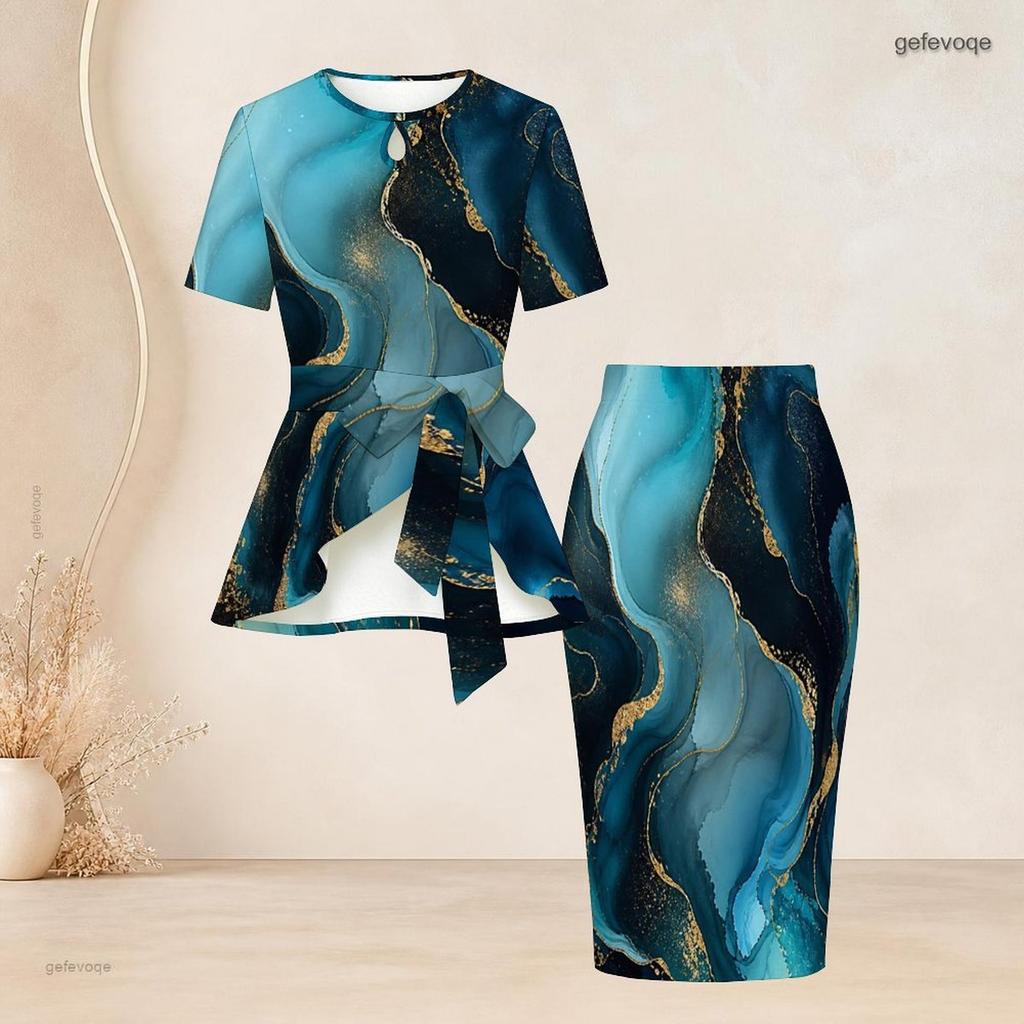 Women Plus Size Two Piece Skirt Set Round Neck Short Sleeve Floral Printed Tie Waist Top Fitted Skirt