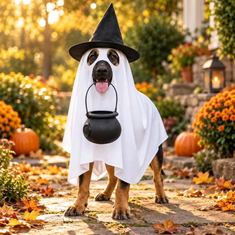 Dog Costume Set with Draped White Garment, Black Pointed Hat, Candy Bucket, and Structure Without Ties or Zippers