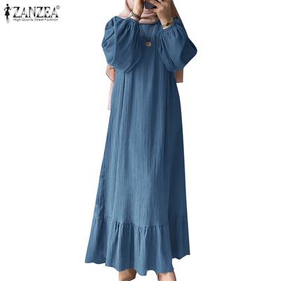 Women Casual O-neck Long Sleeve Pleated Long Dress