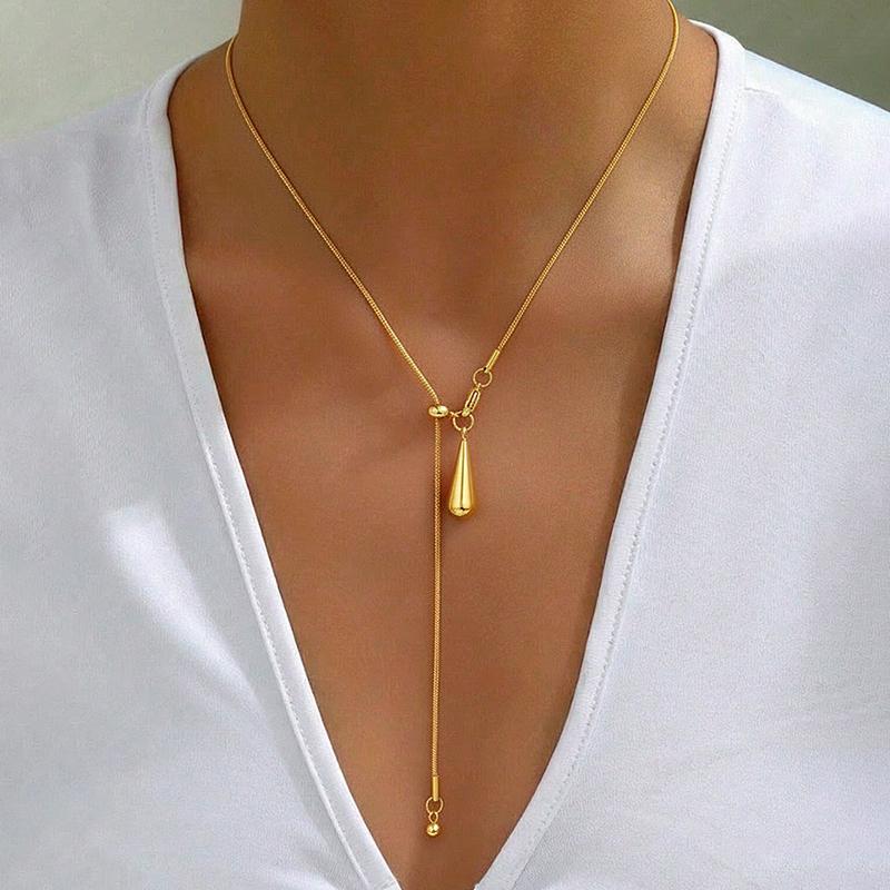 Luxury Stainless Steel Water Drop Pendant Necklace for Women Fashion Metal Tassel Long Y-Shaped Sweater Chain Party Zircon Gift