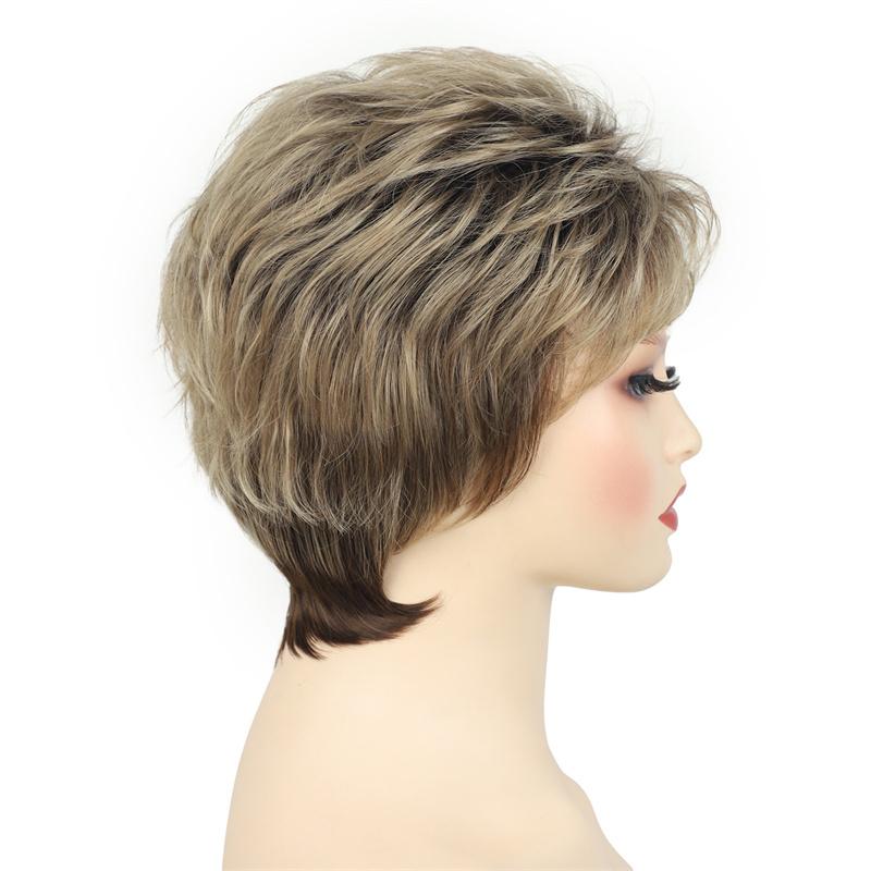 Synthetic Ombre Blonde Wigs for Women Short Hair Mom Wig with Bangs Brown Mixed Blond Pixie Cut Wigs Mother Grandma Gift Costume