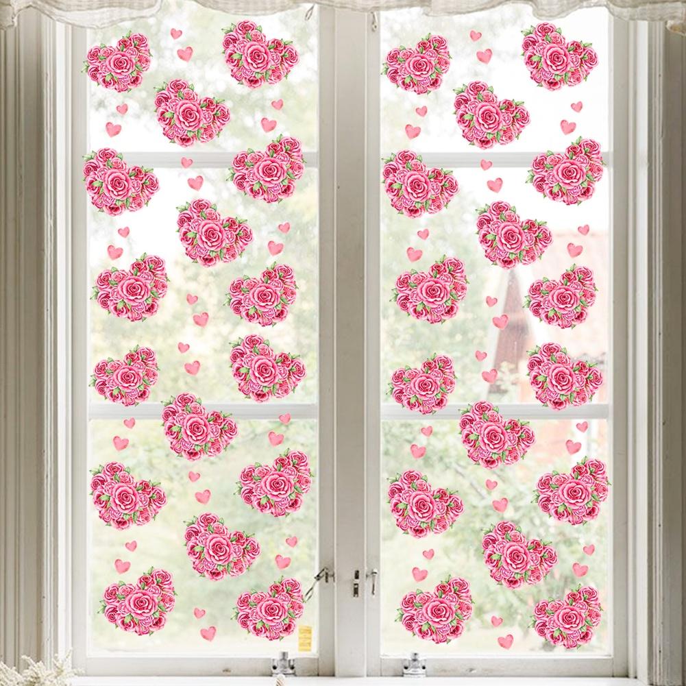 

Set of 4 Valentine Window Stickers with Heart Bear and Floral Designs Static Cling Decals for Bedroom and Indoor Use