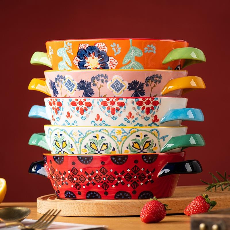 Flowering Binaural Bowl Ceramic Creative Retro Tableware Plate Plate Cheese Baked Rice Plate Vegetable Plate Fruit Plate