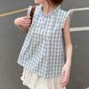 Women's Sleeveless Shirt Korean Version Loose Round Neck Plaid Pleated Famale Shirts Summer Daily Comfortable Sweet Beauty Style Ladies Top