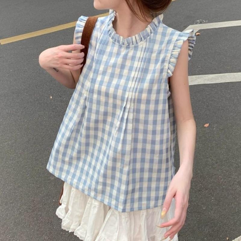 Women's Sleeveless Shirt Korean Version Loose Round Neck Plaid Pleated Famale Shirts Summer Daily Comfortable Sweet Beauty Style Ladies Top