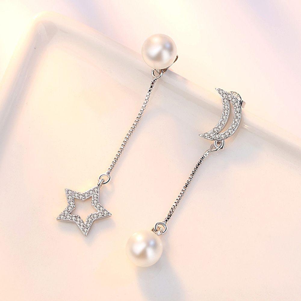 Unbalanced Aaa Zirconia Shell Pearl Moon Star Silver Needle Earrings