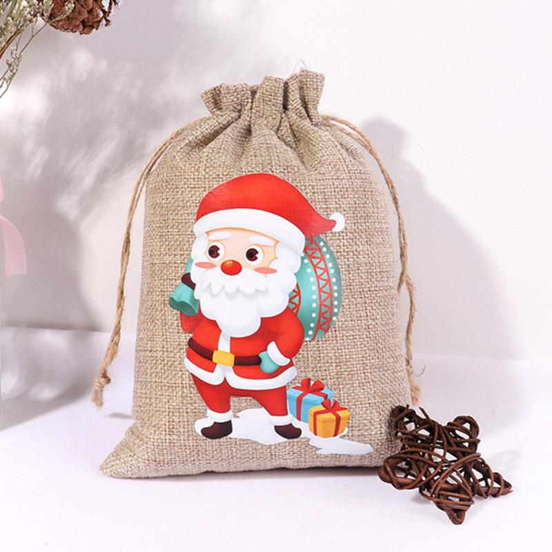Christmas Linen Drawstring Bags Cartoon Santa Claus Snowman Prints Candy Packing Bags Xmas Kids Gift Packaging Bags Supplies