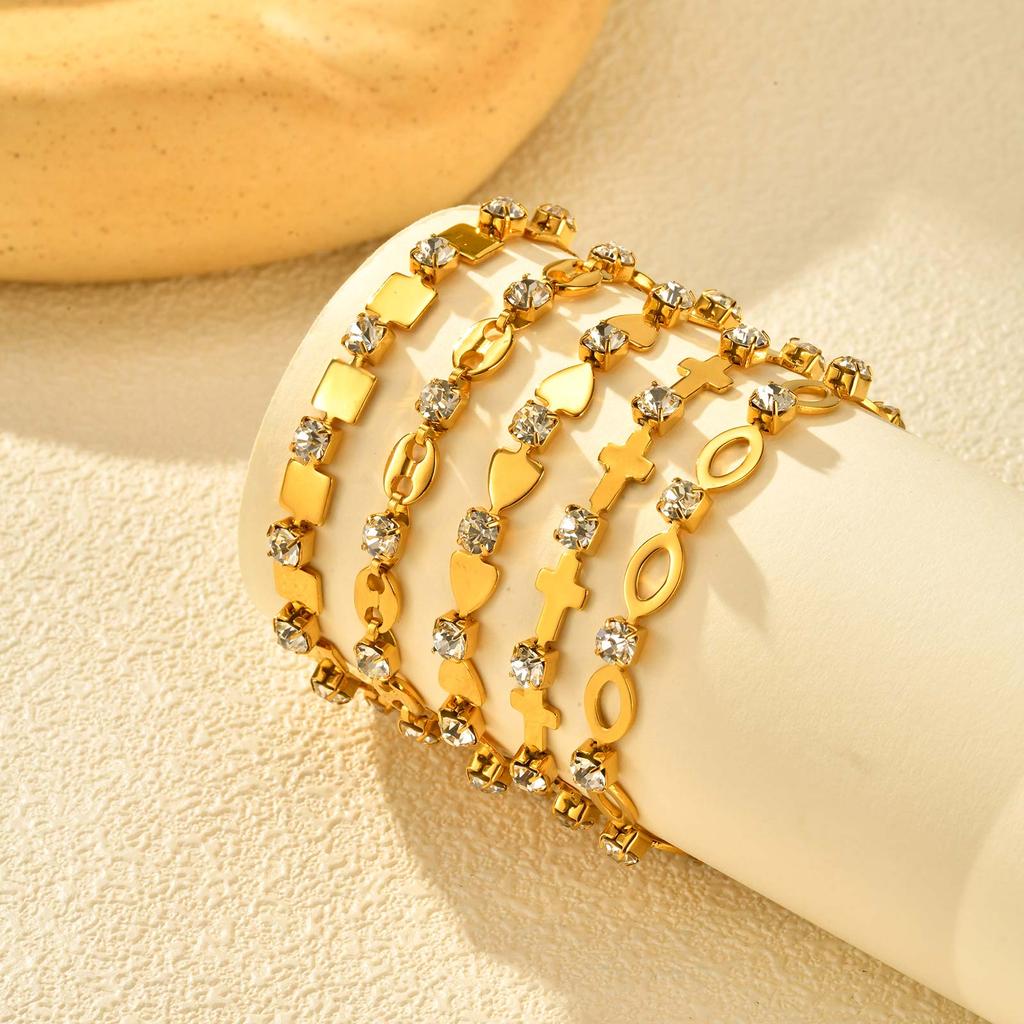 Elegant White Cubic Zircon Charm Bracelet,Women's Hollow Elliptical Handmade Chain Bracelet,Gold Color Stainless Steel Bracelets