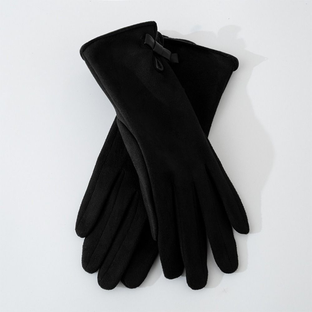 Soft Pu Leather Gloves Velvet Women Cycling Mittens Cute Winter Bow Suede Gloves Autumn