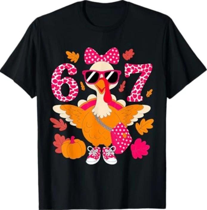 6 7 Thanksgiving Leopard Bow Turkey six Seven Meme T-Shirt 4XL