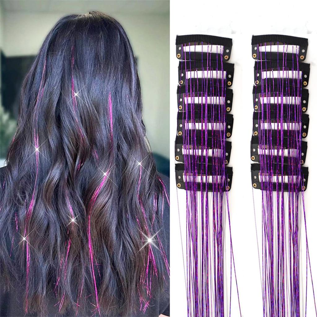 12 Pieces Laser Gold Hair Extensions 50cm , Metallic Rainbow Clip-in Hair Wefts, Shiny Synthetic Hair Strands for Party Festival