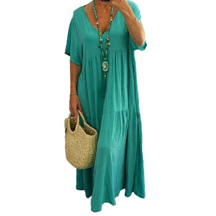 Solid Color V Neck Casual Long Dress Women Simple Style Cotton Baggy 1Pc