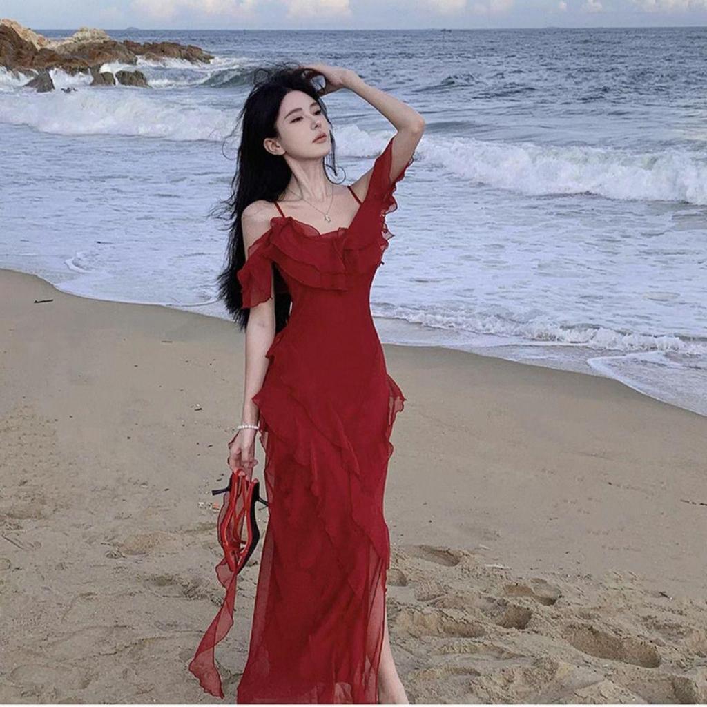 French Retro Red Spaghetti Strap Ruffle Dress - Women's Summer Beach Vacation Elegance