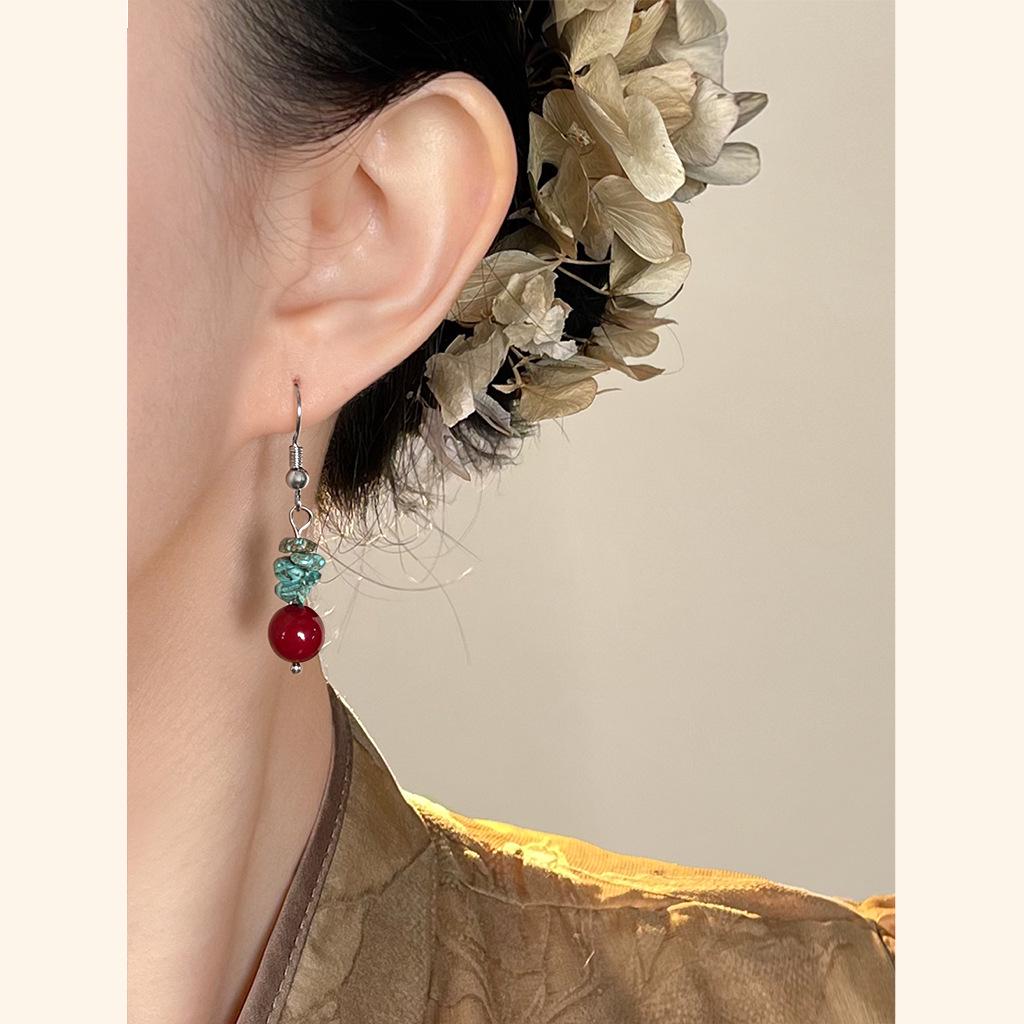 Chinese-Style Artistic Irregular Turquoise Tassel Earrings - Ethnic Ear Hooks for Women