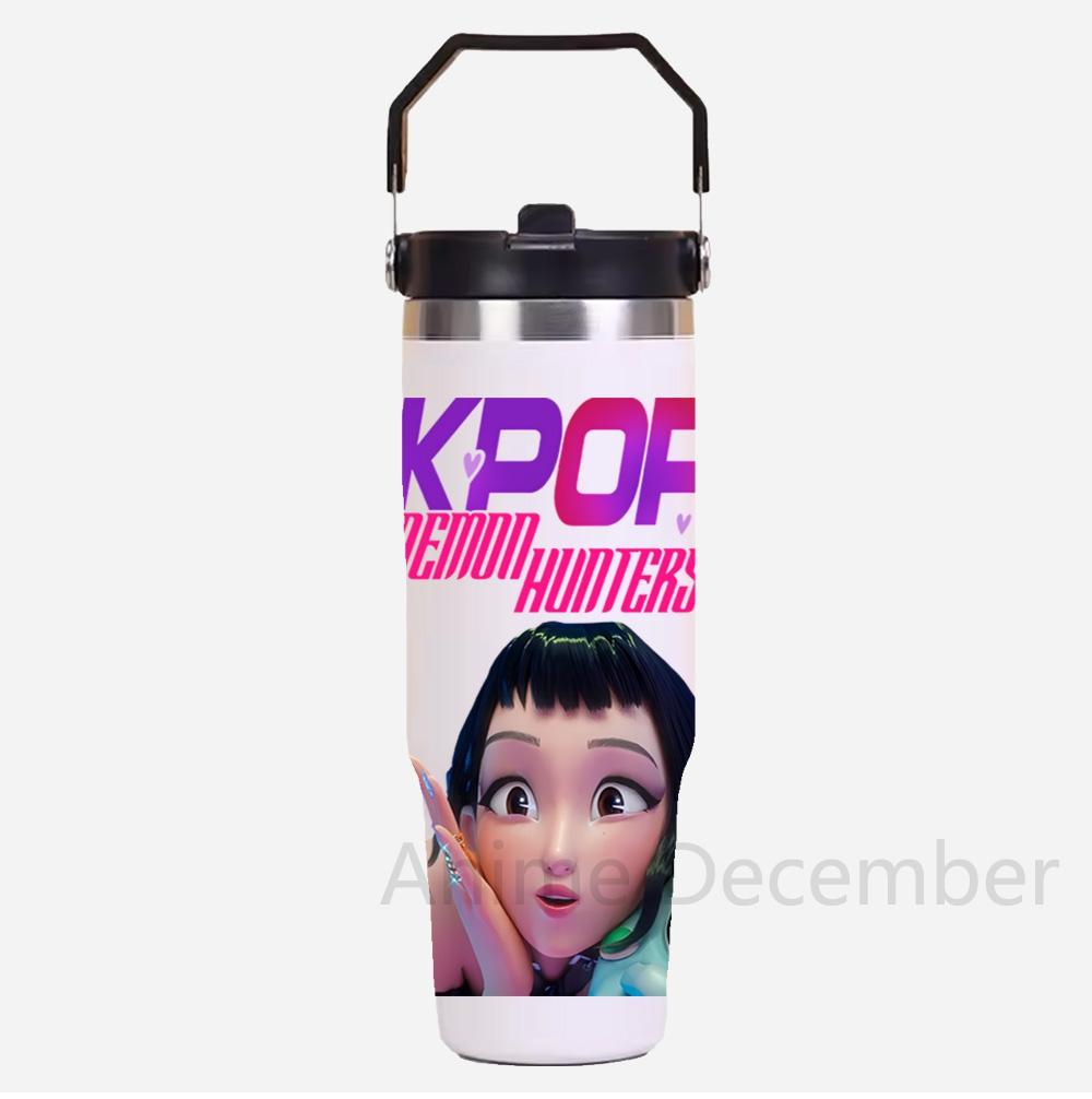 30Oz Anime K-Pop Large Capacity Portable Car Cup Stainless Steel Thermos Cup with Straw Handle Travel Sports Water Bottle Vacuum Flask