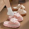 Women Bowknot Fuzzy Plush Thick Sole Warm Indoor Home House Slippers