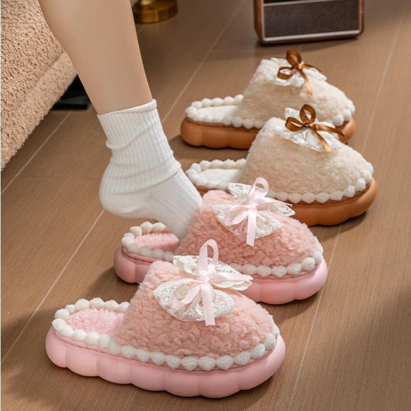 Women Bowknot Fuzzy Plush Thick Sole Warm Indoor Home House Slippers