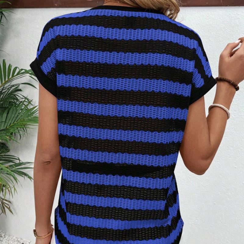 Ladies Summer Short Sleeve O Neck Mesh Striped Pullover T Shirt Top