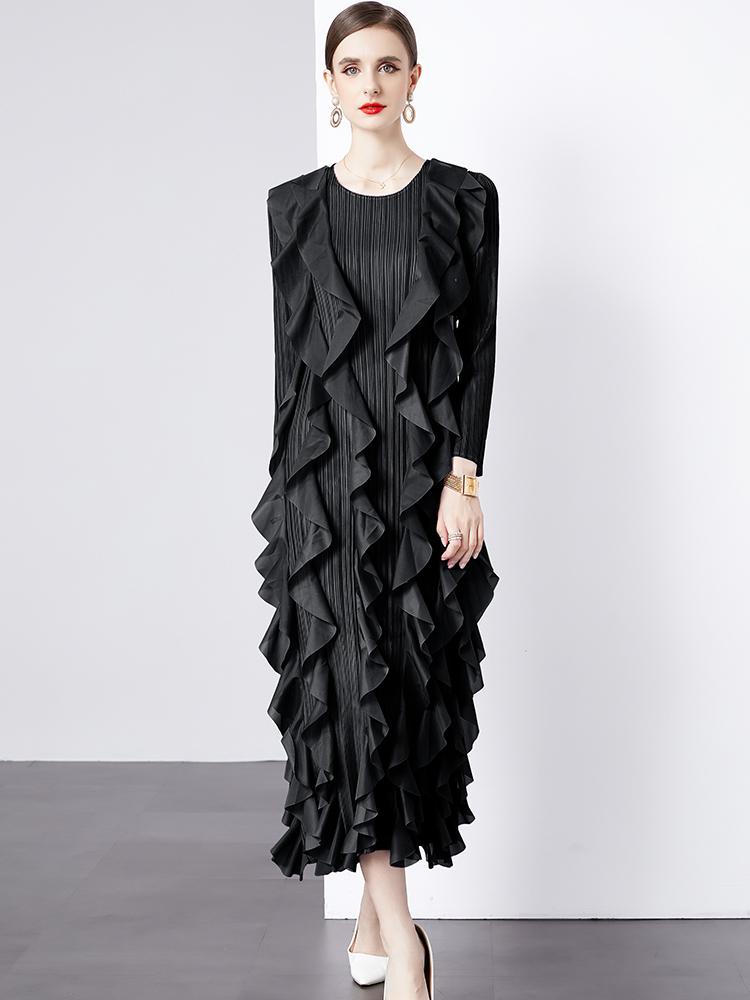 Xitao Volány Patchworkové Šaty Dlouhý Rukáv Plisované Temperament Elegantní Volné Dámské DMJ3992