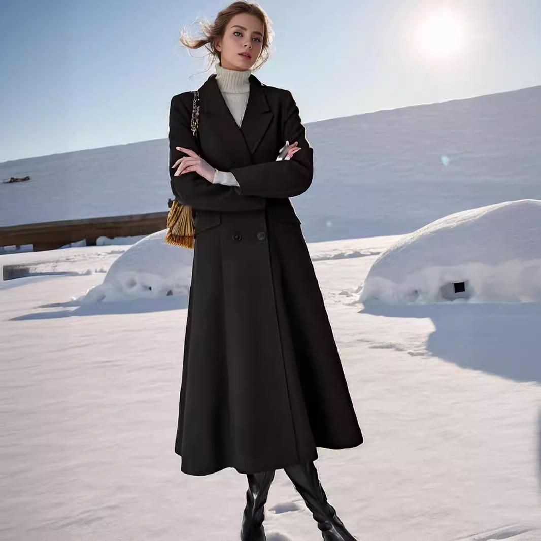 

Осень и зима Новое шерстяное пальто Женское до колена утолщенное с лацканами супер длинная тонкая куртка S