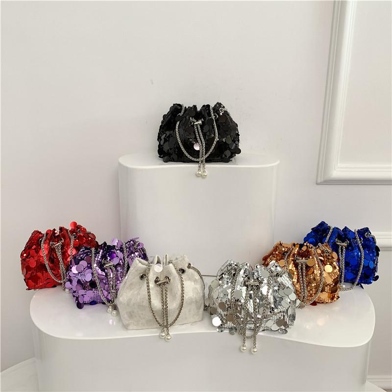 Shiny Fringe Sequin Evening Street Fashion Pu Bucket Bag 2024 New Trendy Chic Drawstring Large Capacity Stylish Handbag