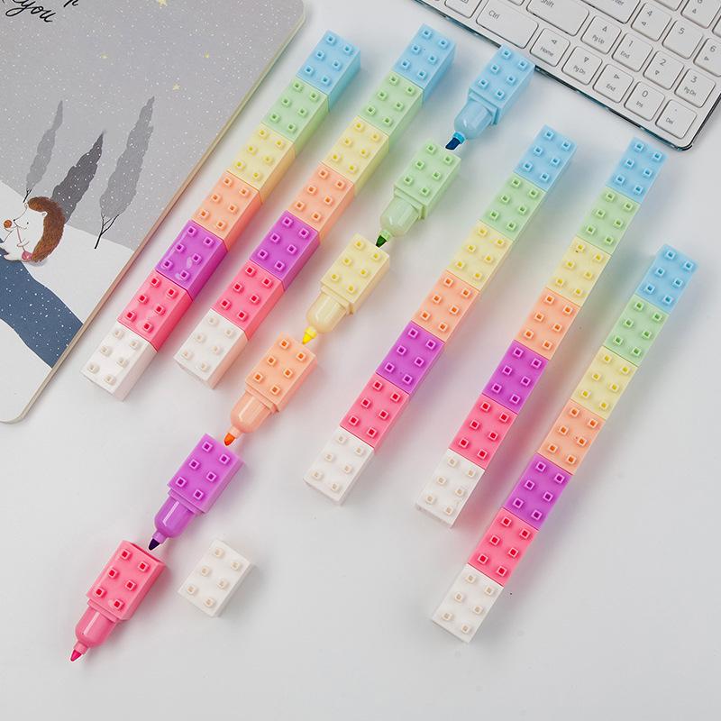 6pcs Mini Building Up Block Pen Color Highlighter  Pen Writing Drawing Kid Gift Stationery Office School Supplies A6201