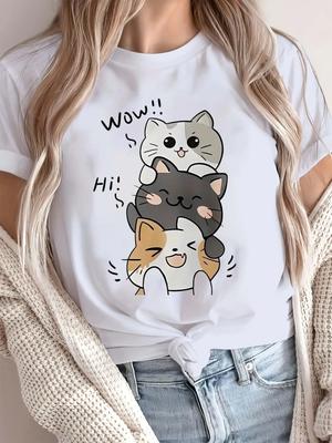Lässiges Weiches Stoff Kurzarm Damenbekleidung Drei Kätzchen Aufdruck Kurzarm Sommer Lässig Streetwear Oberteile T-Shirts