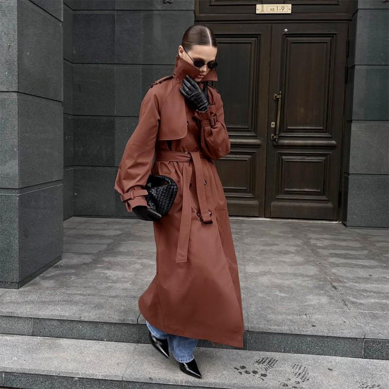 2026 Womens Long Cotton Trench Coat With Stand Collar Double-Breasted Waist Belt Street Style Oversized Fit